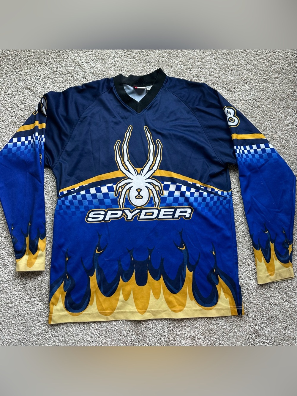 Vtg Spyder Motocross Jersey 78 Youth Size 20 Y2K Blue Yellow Flame Racing Shirt